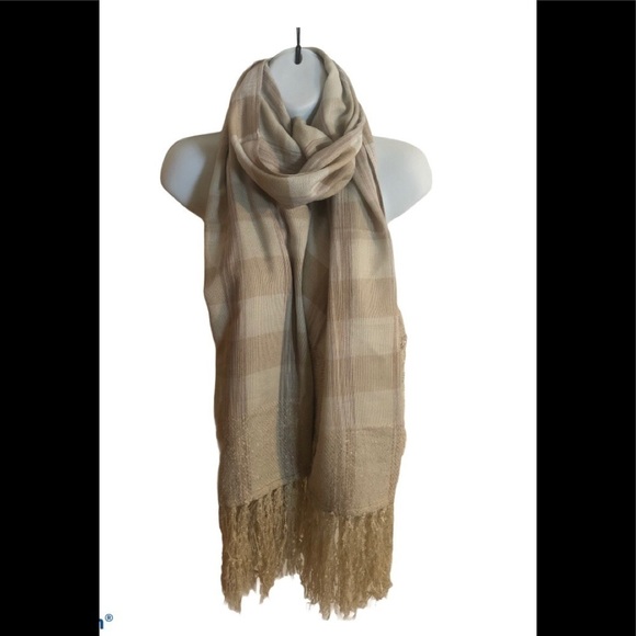 NWT Vince Camuto Large Blanket Scarf Wrap Tan Plaid W/Fringe Winter Cozy - Picture 3 of 8